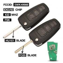 (434 MHz) 5WK49986 3 Buttons Flip Remote Key for Ford Focus