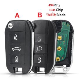 (434 MHz) 3 Buttons Flip Remote Key for Peugeot 208 308 508 3008 5008 - with Groove